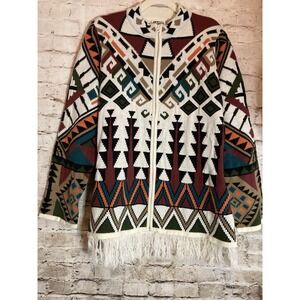 Vintage Collections ETC. Sweater Medium Aztec Print Zip Front Fringe Trim Navajo